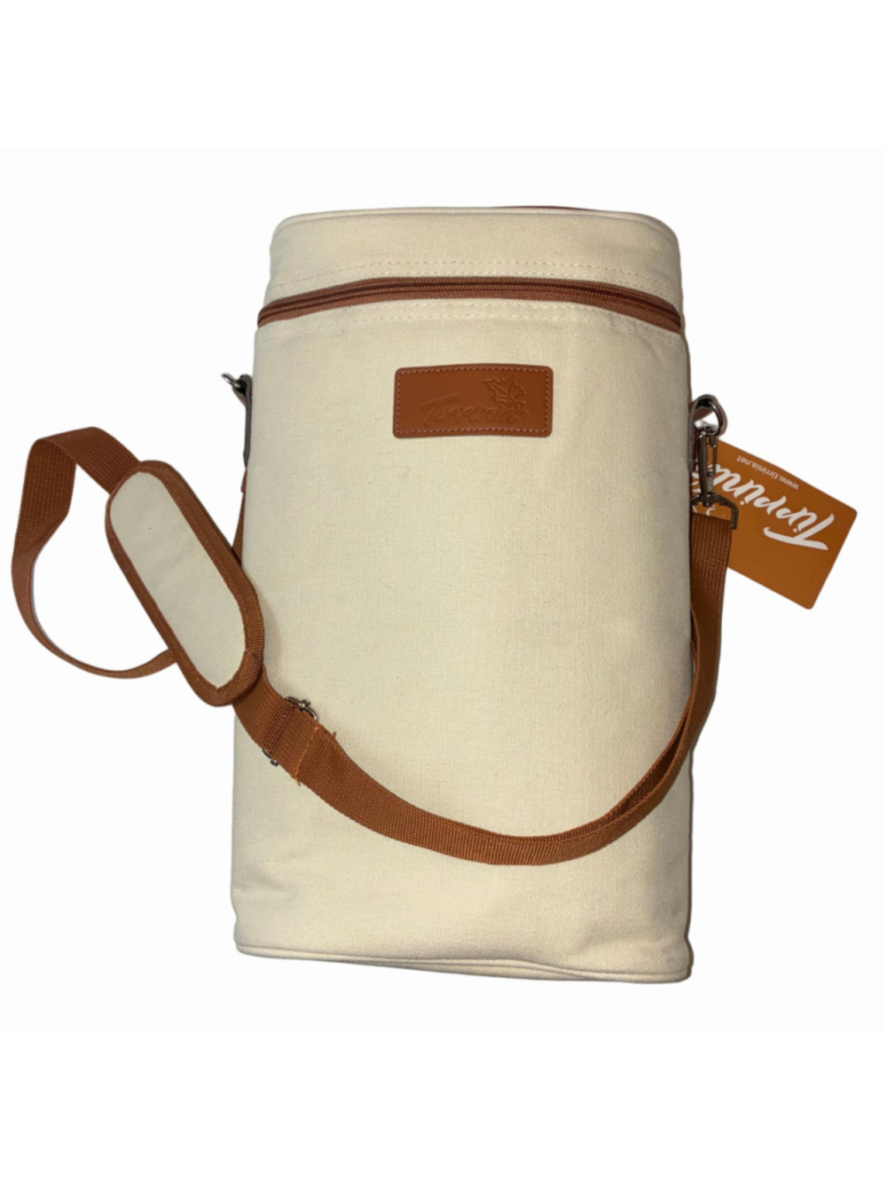 Women's Tirrinia Insulated Wine Tote Beige Canvas Brown Leather Trim NWT